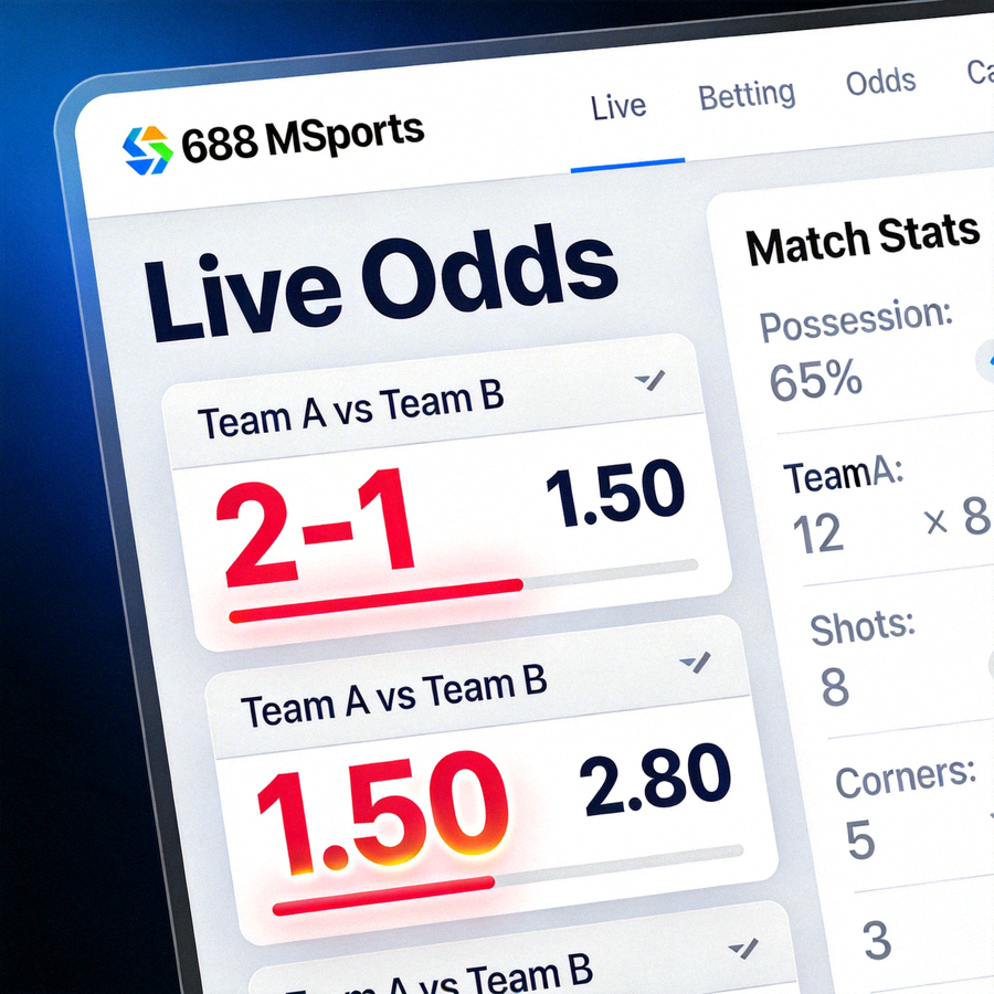Tampilan antarmuka live betting M88 MSports dengan odds yang berubah secara real-time dan statistik pertandingan